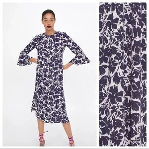 Zara Women's Dress Floral Midi Purple White Floral Print Midi Dress